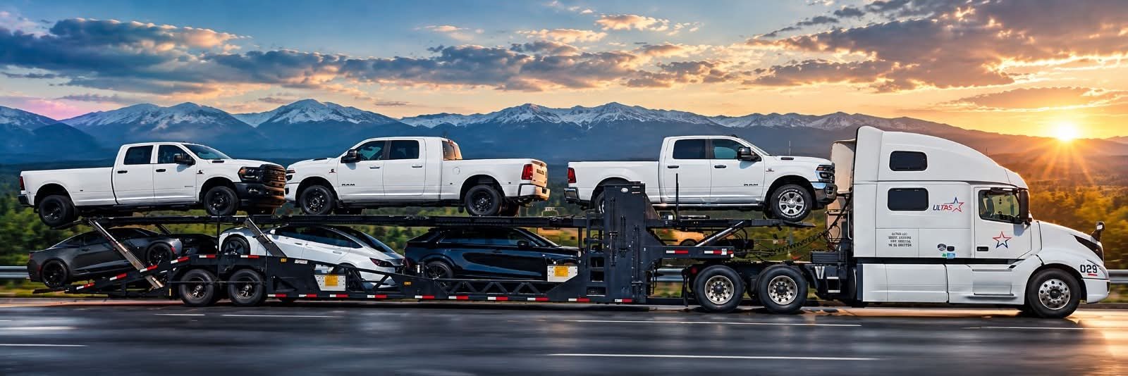 ULTAS truck 029 hauling pickups with mountains at sunset