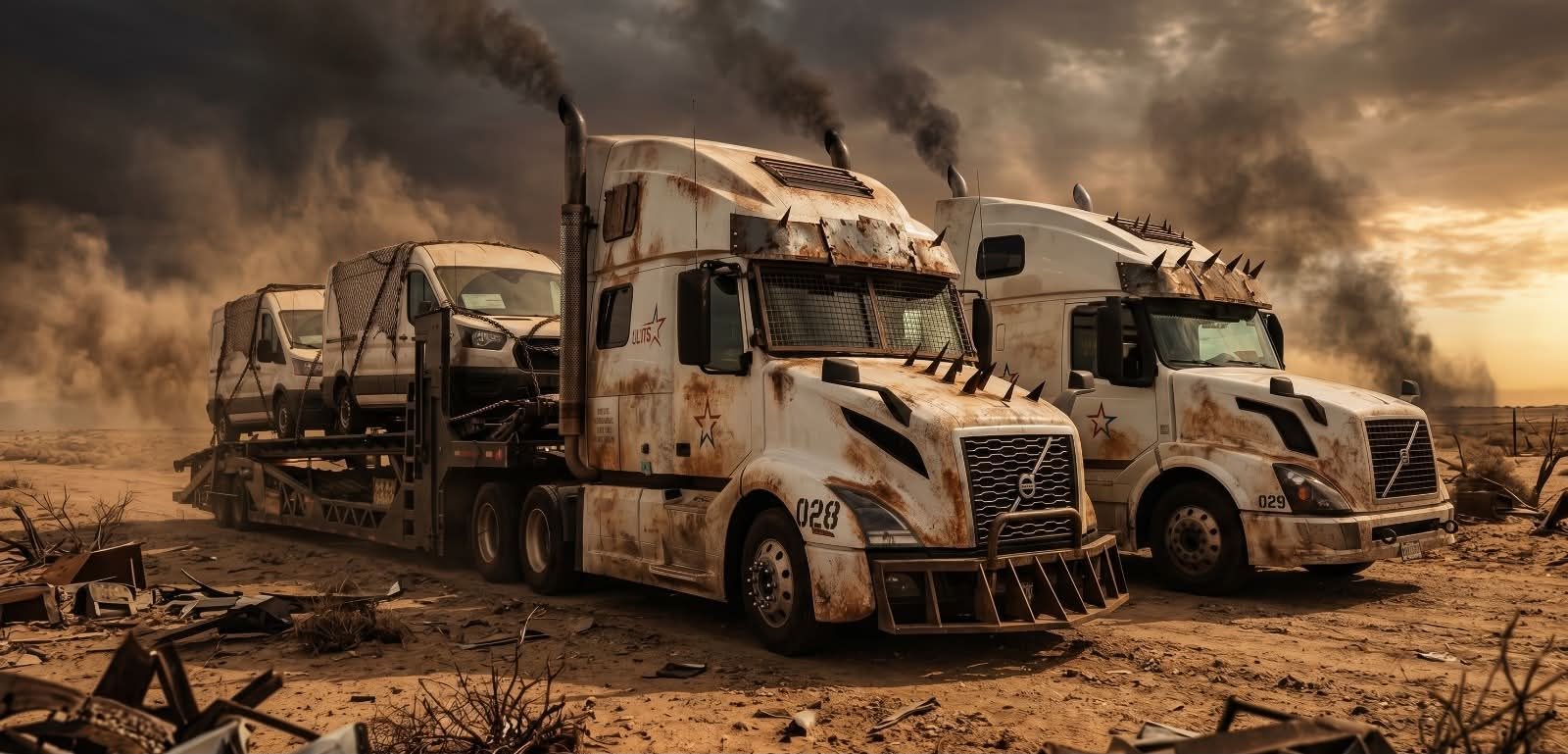 ULTAS trucks 028 and 029 in a dusty desert wasteland, one hauling vans