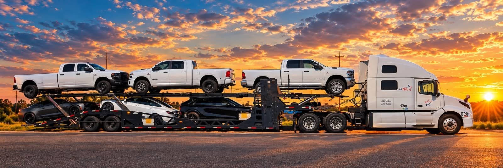 ULTAS truck 028 hauling pickups at sunset